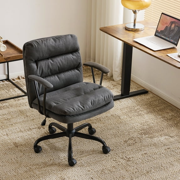 Ktaxon Office Chair with Armrests, Linen Fabric Desk Chair with Wheels, Swivel Task Chair for Study Room or Dressing Vanity Area Dark Gray
