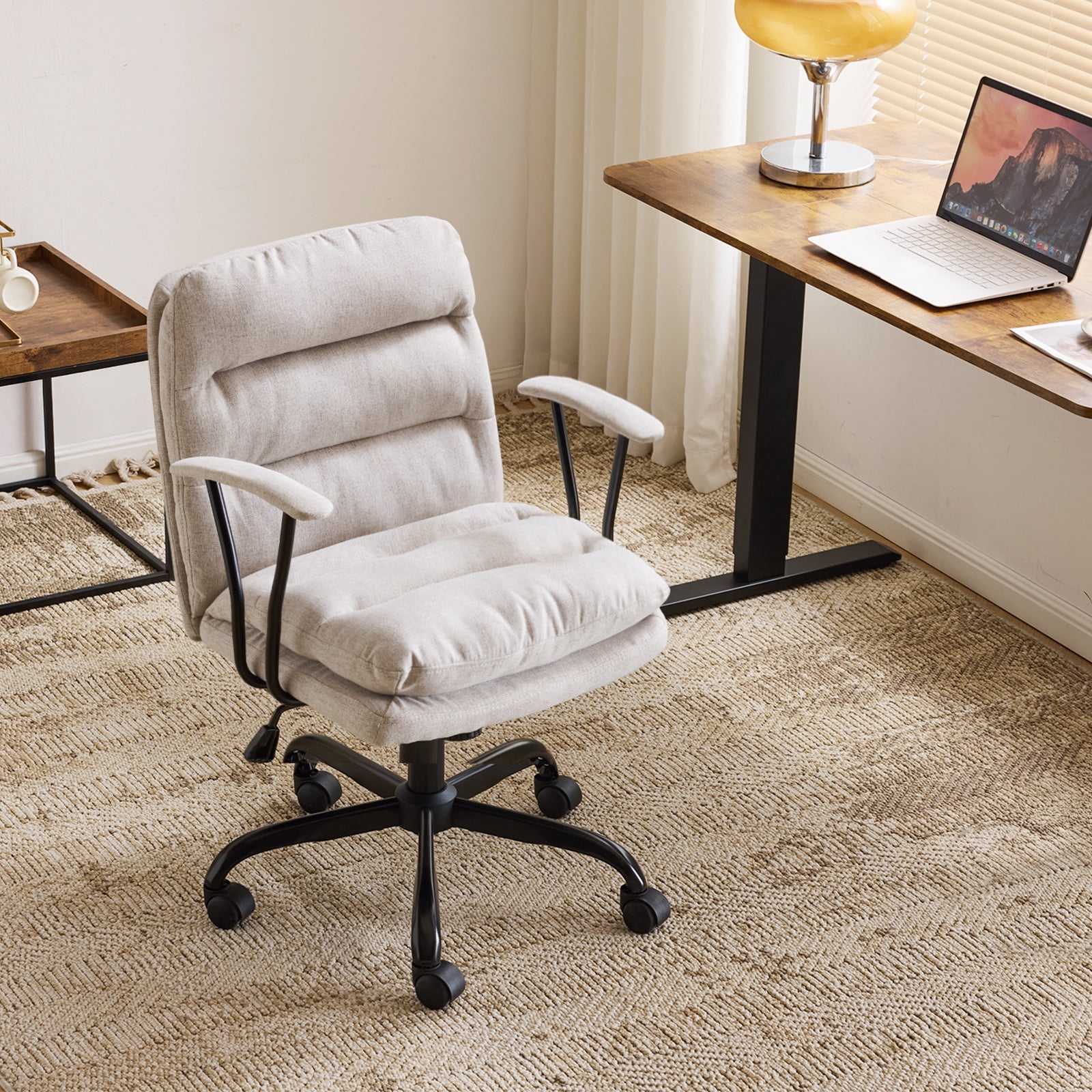 Ktaxon Office Chair with Armrests, Linen Fabric Desk Chair with Wheels, Swivel Task Chair for Study Room or Dressing Vanity Area Gray-Beige