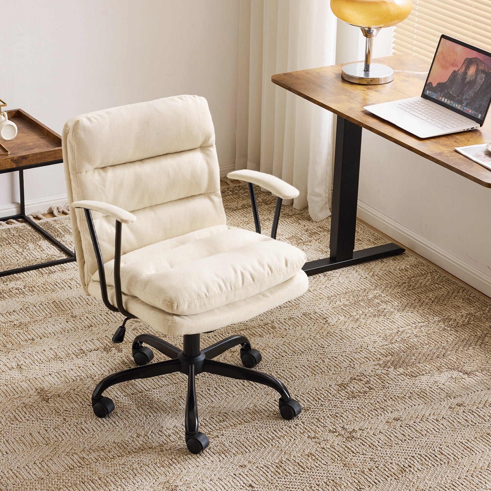 Ktaxon Office Chair with Armrests, Linen Fabric Desk Chair with Wheels, Swivel Task Chair for Study Room or Dressing Vanity Area Light Yellow