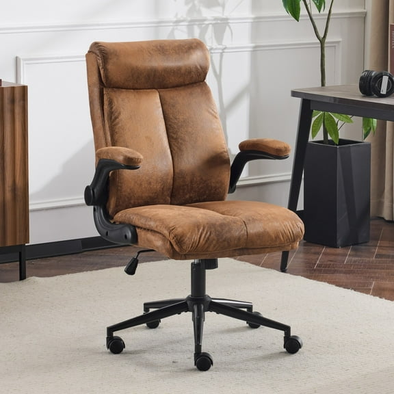 Ktaxon Office Chair with High Back, Flip-Up Arms & Swivel Base, Bronzing Cloth Desk Chair with  Adjustable Height for Work, Study & Gaming Brown
