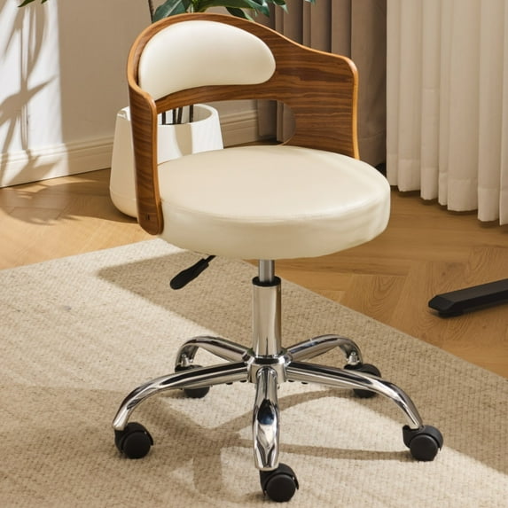 Ktaxon Office Computer Desk Chair with Rolling Wheels, Vanity Stool with Faux Leather Seat, Adjustable Task Chair for Study Make-up Dressing Beige