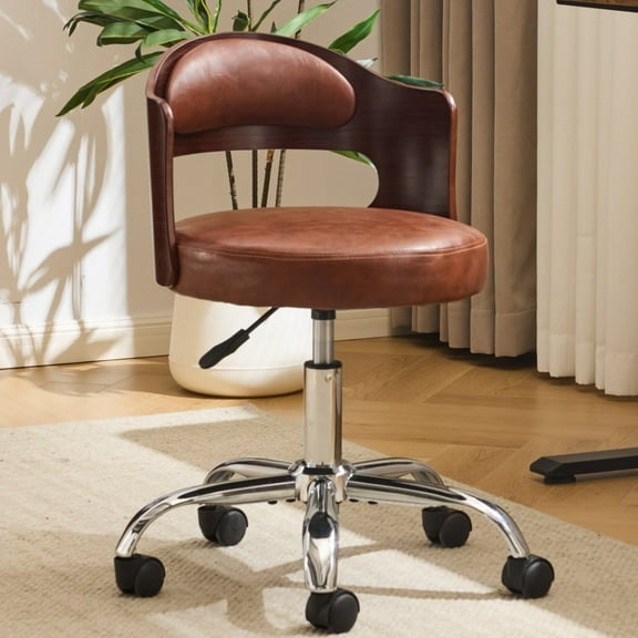 Ktaxon Office Computer Desk Chair with Rolling Wheels, Vanity Stool with Faux Leather Seat, Adjustable Task Chair for Study Make-up Dressing Brown