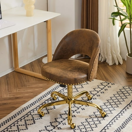 Ktaxon Office Desk Chair Adjustable Bronzing Cloth Fabric Computer Task Chair Small Rolling Vanity Stool with Wheels for Study Make-up Dressing Room Brown