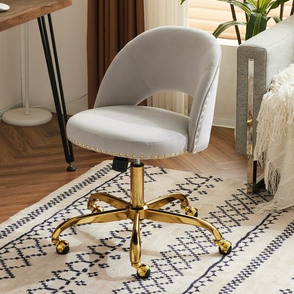 Ktaxon Office Desk Chair Adjustable Flannel Computer Task Chair Small Rolling Vanity Stool with Wheels for Study Make-up Dressing Gray