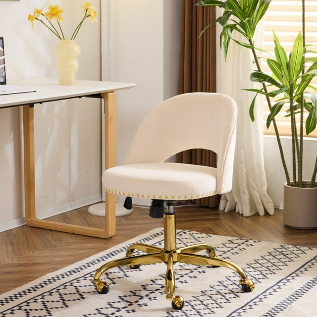 Ktaxon Office Desk Chair Adjustable Flannel Computer Task Chair Small Rolling Vanity Stool with Wheels for Study Make-up Dressing Room Off White