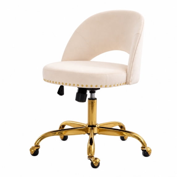 Ktaxon Office Desk Chair Adjustable Flannel Computer Task Chair Small Rolling Vanity Stool with Wheels for Study Make-up Dressing Room Off White