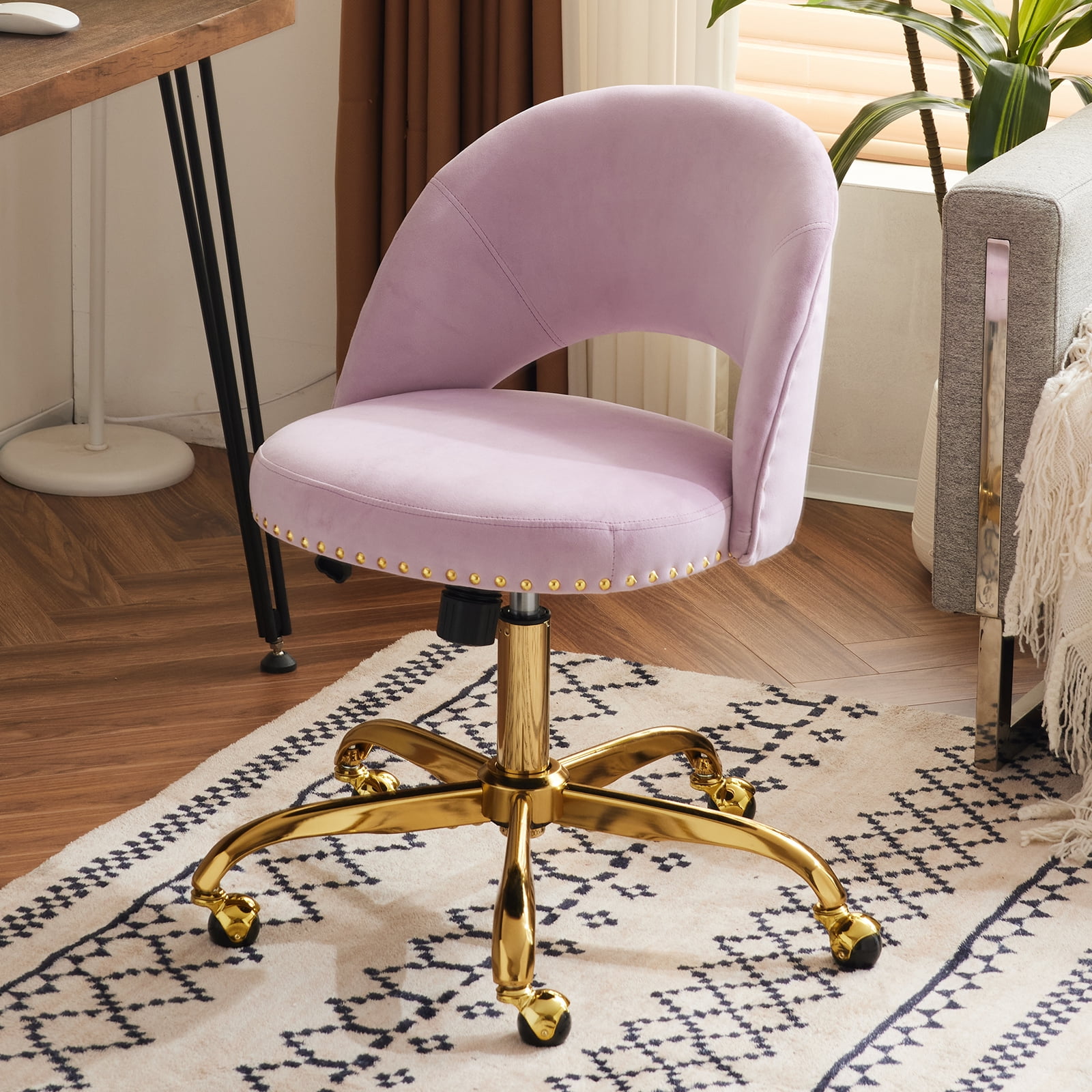 Ktaxon Office Desk Chair Adjustable Flannel Computer Task Chair Small Rolling Vanity Stool with Wheels for Study Make up Dressing Room Purple