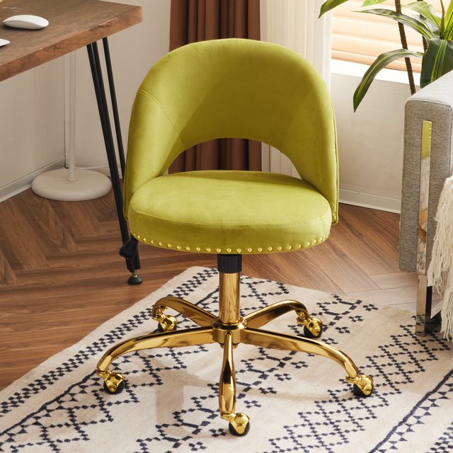 Ktaxon Office Desk Chair Adjustable Flannel Computer Task Chair Small Rolling Vanity Stool with Wheels for Study Make-up Dressing Room Yellow Green