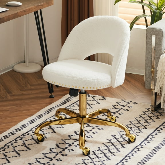 Ktaxon Office Desk Chair Adjustable Teddy Velvet Computer Task Chair Small Rolling Vanity Stool with Wheels for Study Make-up White