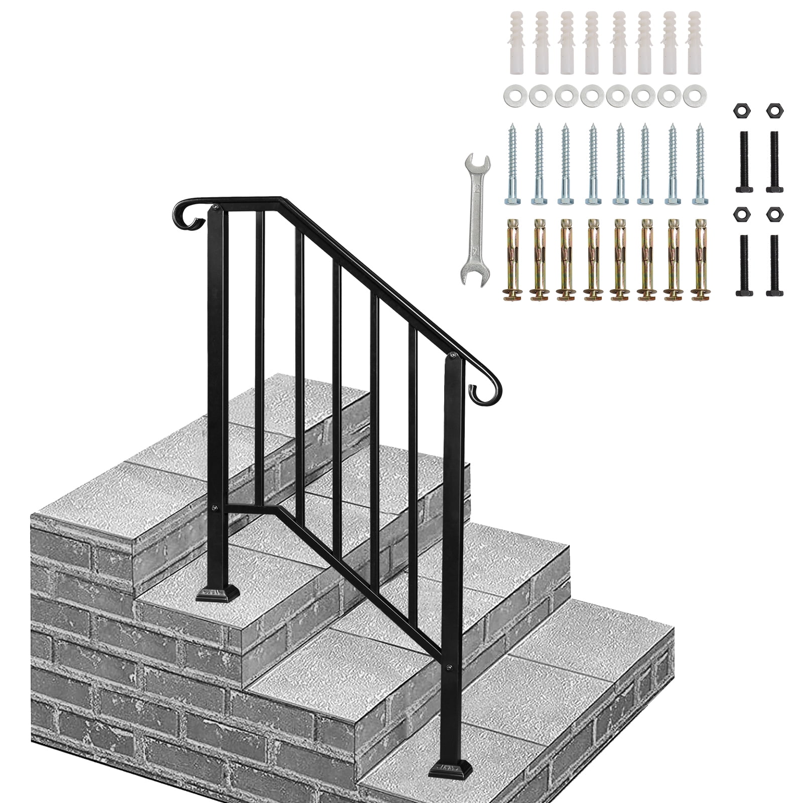 Ktaxon Outdoor 1-3 Step Wrought Iron Picket Handrail Black