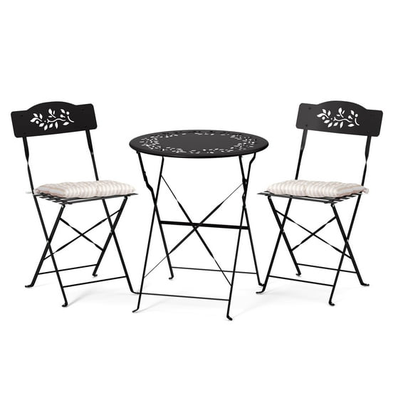 Ktaxon Outdoor 3-Piece Folding Bistro Set with Cushion, Small Metal Patio Seating Furniture Set - Black