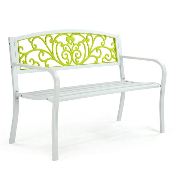 Ktaxon Outdoor Bench, Metal Patio Leisure Bench with Butterfly Backrest, 2-Person Mix-Color Weatherproof Bench for Porch, Backyard, Poolside, Entryway (White & Green)
