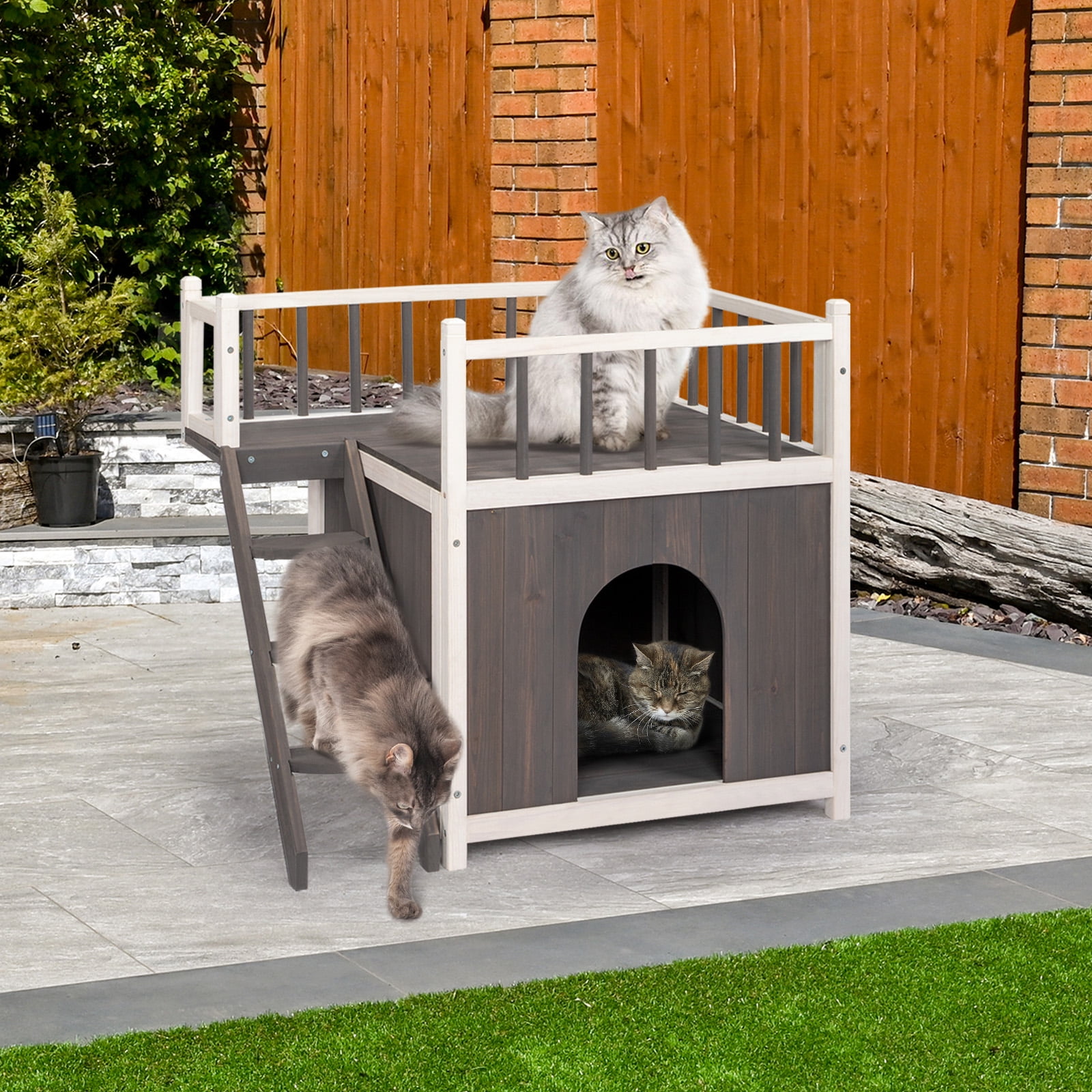 Grey and White 2-Story Fir Wood Outdoor Cat House with Balcony