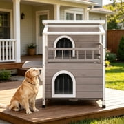 Ktaxon Outdoor Cat House Wooden, 2-Story Outside Cat Shelter Condo Enclosure with Escape Door, Weatherproof Openable Roof, Gray