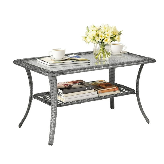 Ktaxon Outdoor Coffee Table, Patio Ratten Double Layer Table with Tempered Glass Top, Storage Wicker Bistro Table for Patio Outside Balcony Porch Deck - Gray