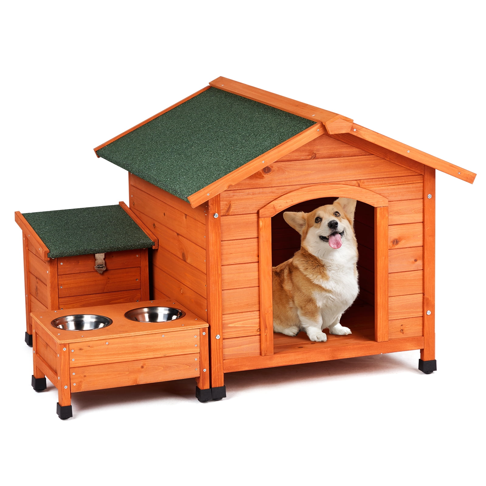 Medium Orange Cedar Wood Dog House with Green Asphalt Roof