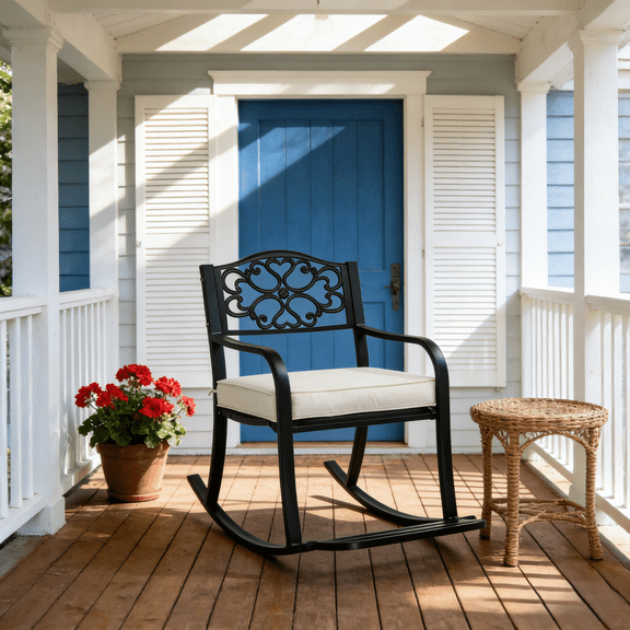 Ktaxon Outdoor Metal Rocking Chair, Patio Rocking Seating with Cushion & Footrest, Weatherproof Rockeror Porch Deck Garden Balcony, Flower Backrest