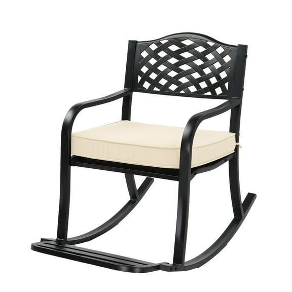 Ktaxon Outdoor Metal Rocking Chair, Patio Rocking Seating with Cushion & Footrest, Weatherproof Rockeror Porch Deck Garden Balcony, Grid Backrest