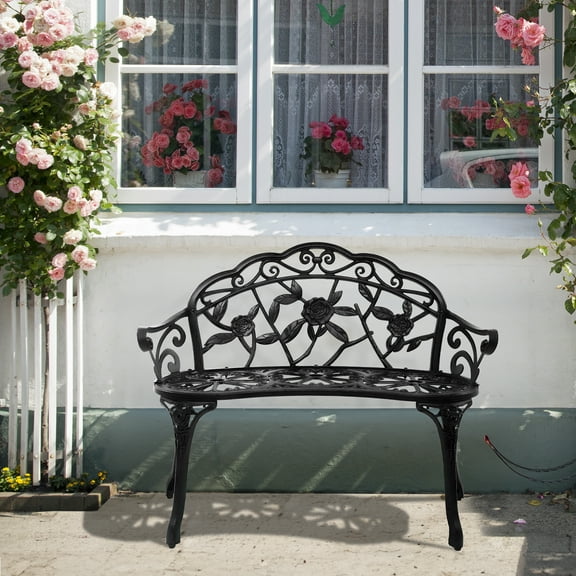 Ktaxon Outdoor Patio Park Garden Bench Courtyard Leisure Rose Cast Aluminum, Outdoor Loveset, Black