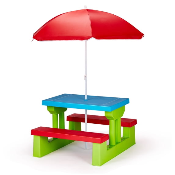 Ktaxon Outdoor Portable Kids Picnic Table with Umbrella, PP Children Bench Set, Easy Store Child Seating Set for Indoor Outdoor, Red & Blue & Green