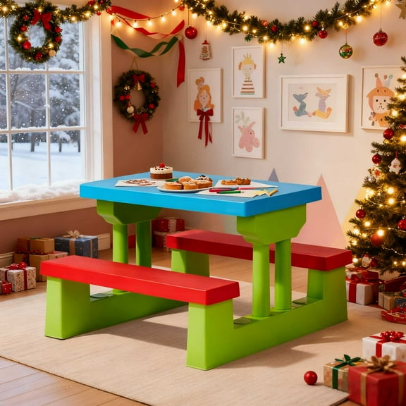 Ktaxon Outdoor Portable Kids Picnic Table with Umbrella, PP Children Bench Set, Easy Store Child Seating Set for Indoor Outdoor, Red & Blue & Green