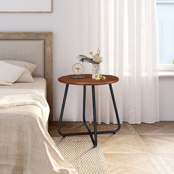 Ktaxon Outdoor Side Table with Imitation Wood Tabletop, Weather Resistant Patio Side Table, Round Outdoor End Table for Patio Yard Balcony Garden