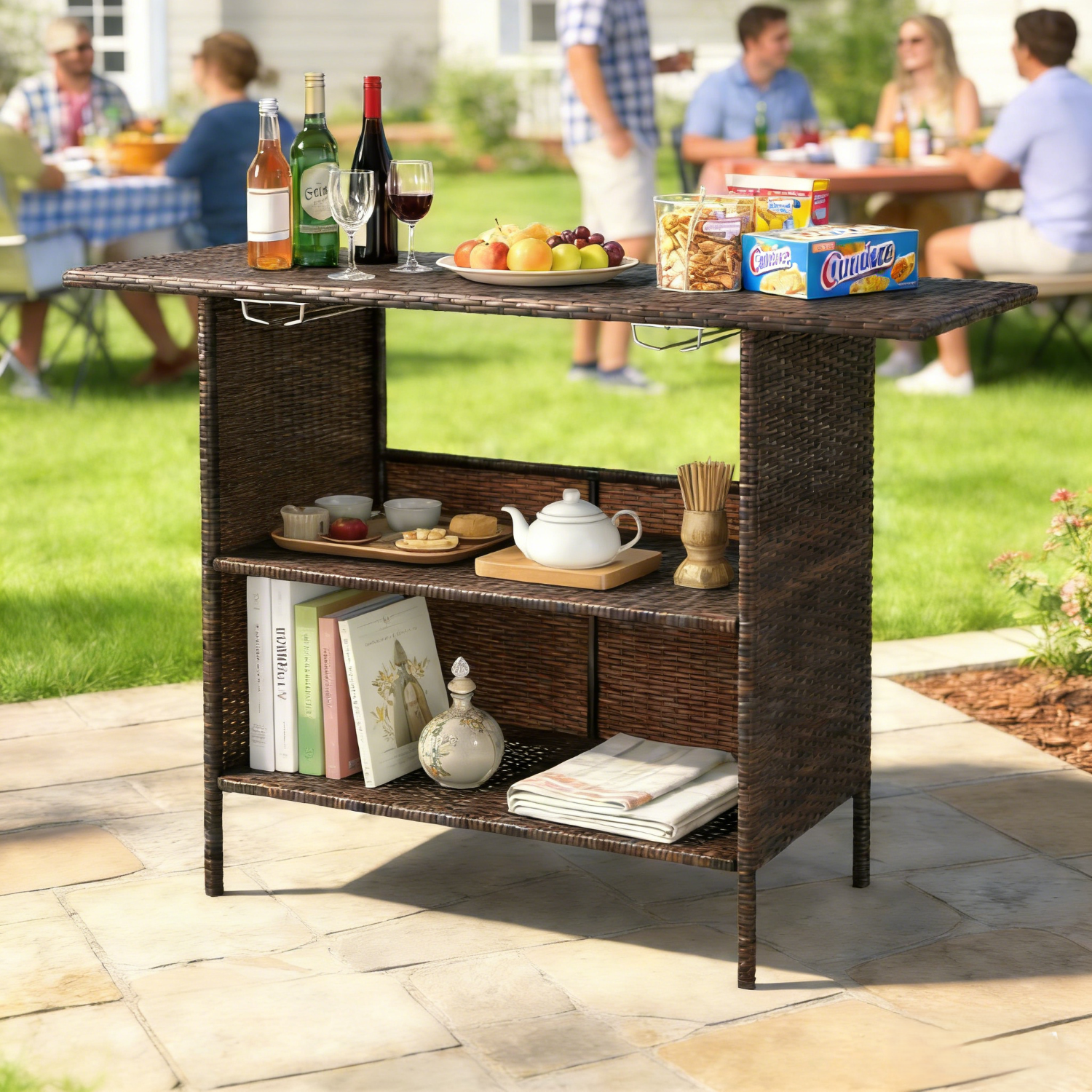 Ktaxon Outdoor Patio Furniture: Wicker Bar Table with 2 Storage