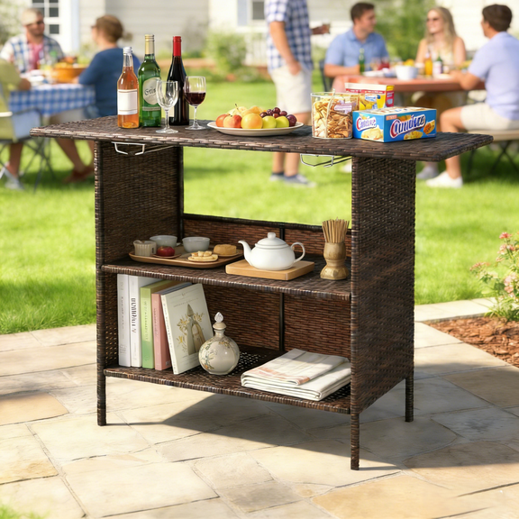 Ktaxon Outdoor Wicker Bar Table,2 Storage Shelves for Beverage, Wicker Counter Table, All Weather Rattan Bistro Conversation Table, Iron Frame, Brown