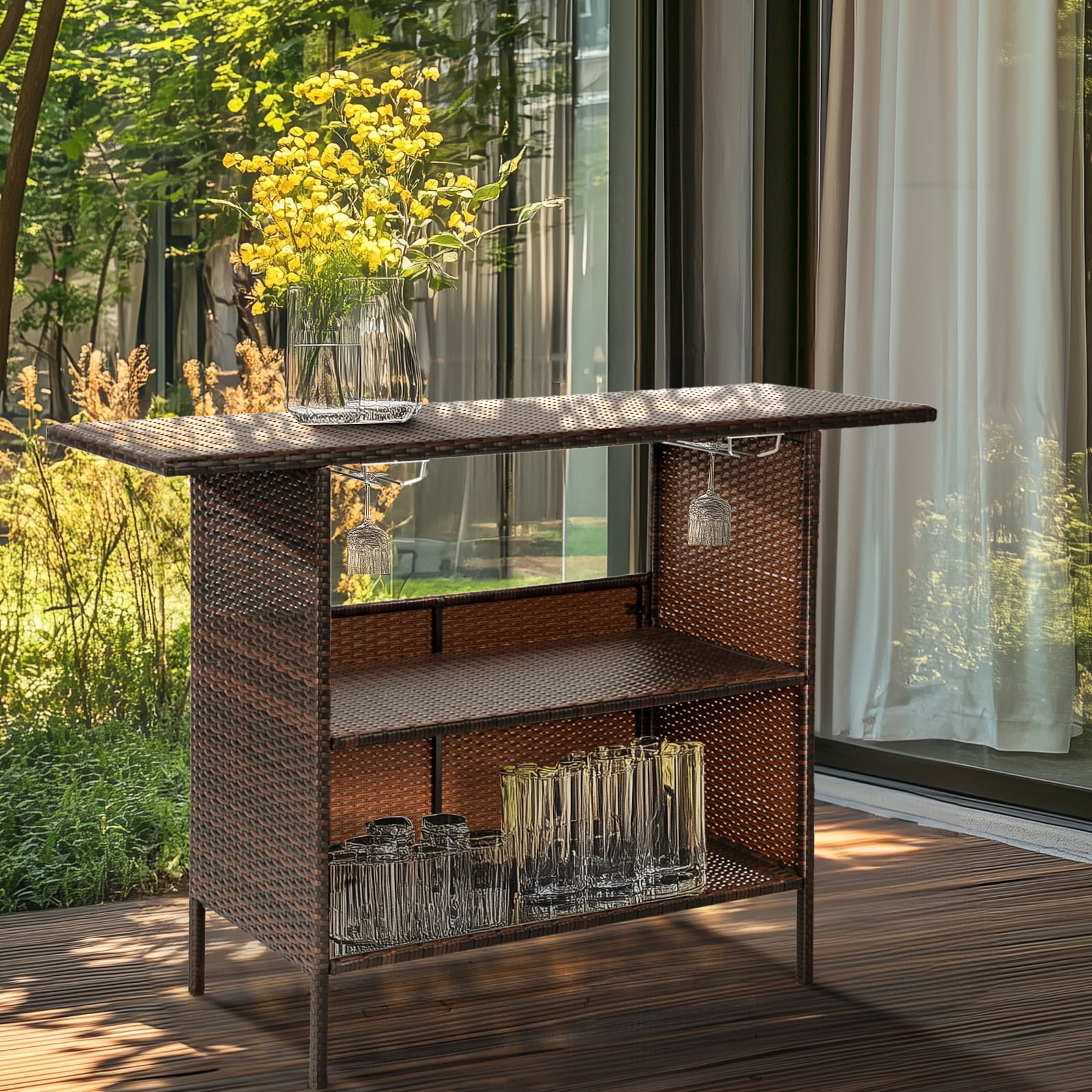 Walmart Deal of Ktaxon Outdoor Patio Furniture: Wicker Bar Table with 2 Storage Shelves, All-Weather Rattan Bistro Table, Brown