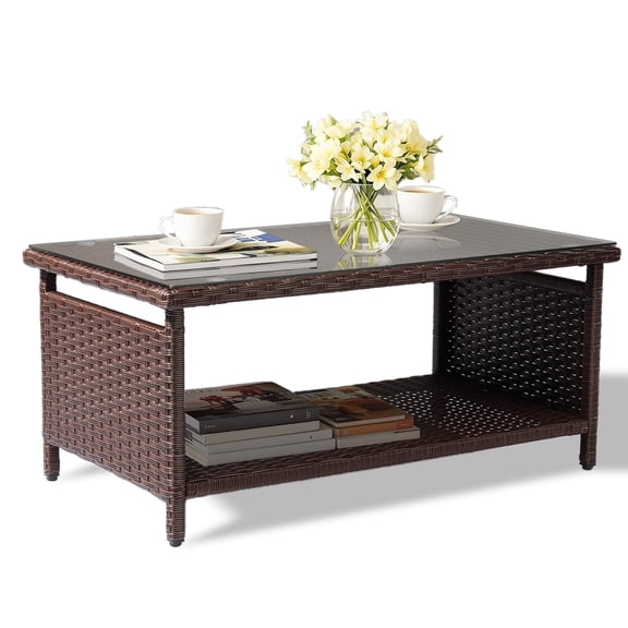 Ktaxon Outdoor Wicker CoffeeTable Patio Coffee Tables for Outside, Tempered Glass Top Wicker Table with Storage Coffee Table for Patio