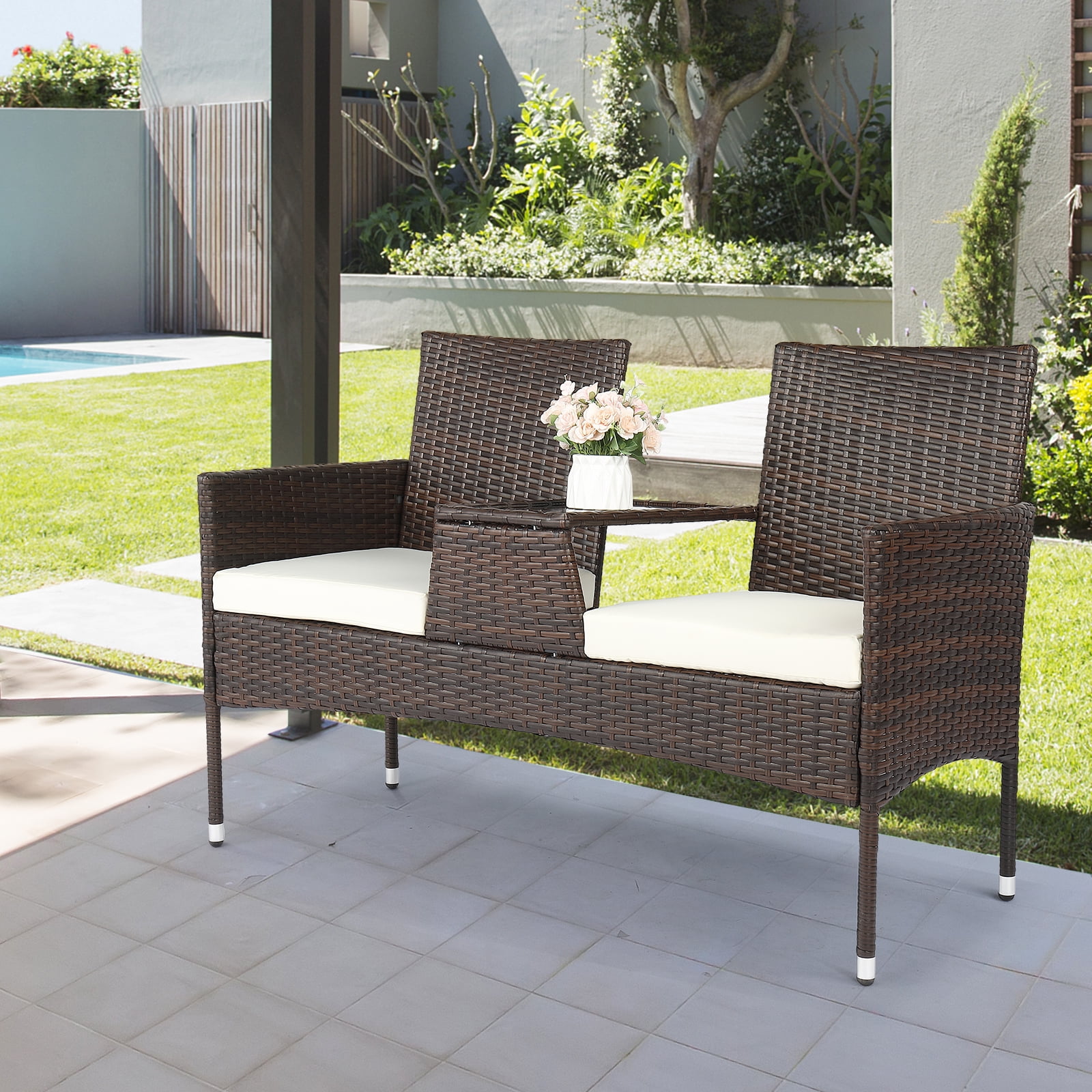 Ktaxon Outdoor Wicker Loveseat with Table - Patio Rattan Furniture for Balcony Porch