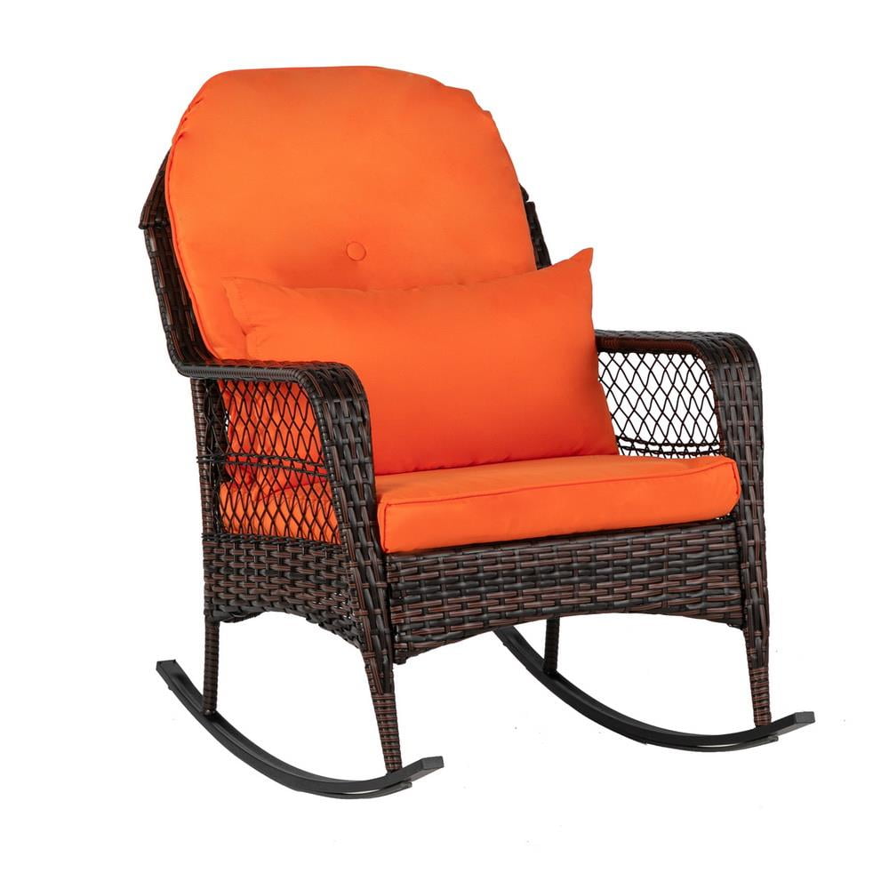 Ktaxon Outdoor Wicker Rocking Chair for Patio Porch Weather Resistant Brown Wicker with Cushions Orange