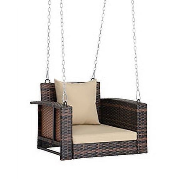 Ktaxon Iron, PE rattan, Polyester Hanging Chair with Back & Seat Cushions and Metal Chains, Brown