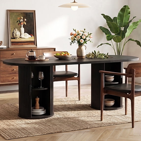 Ktaxon Oval Dining Table for 6, 70.8" Mid-Century Modern Dining Room Table with Hidden Tambour Doors Storage for Kitchen, Dining Room, Home, Black