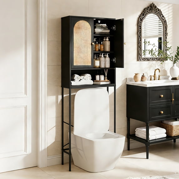 Ktaxon Over the Toilet Bathroom Cabinet Storage Space Saver with Double Doors and Open Shelving, Black
