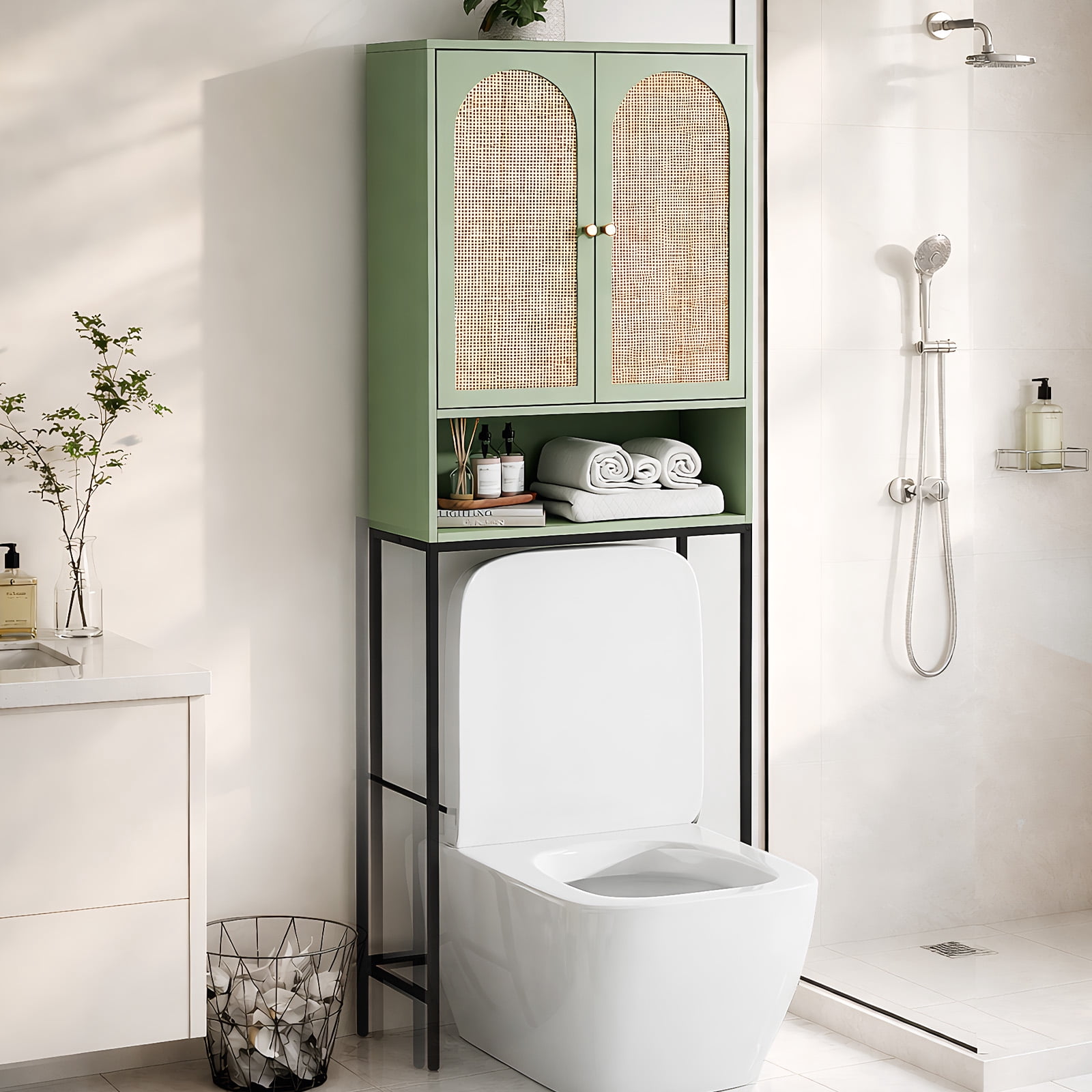 Ktaxon Over the Toilet Bathroom Cabinet Storage Space Saver with Double Doors and Open Shelving, Green