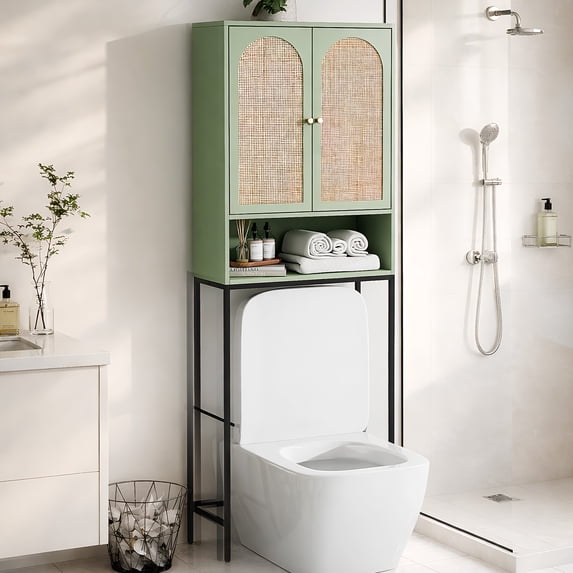 Ktaxon Over the Toilet Bathroom Cabinet Storage Space Saver with Double Doors and Open Shelving, Green