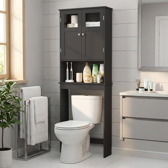 Ktaxon Over the Toilet Bathroom Storage Cabinet with 2 Doors & 3 Storage Shelves Space Saver, Black