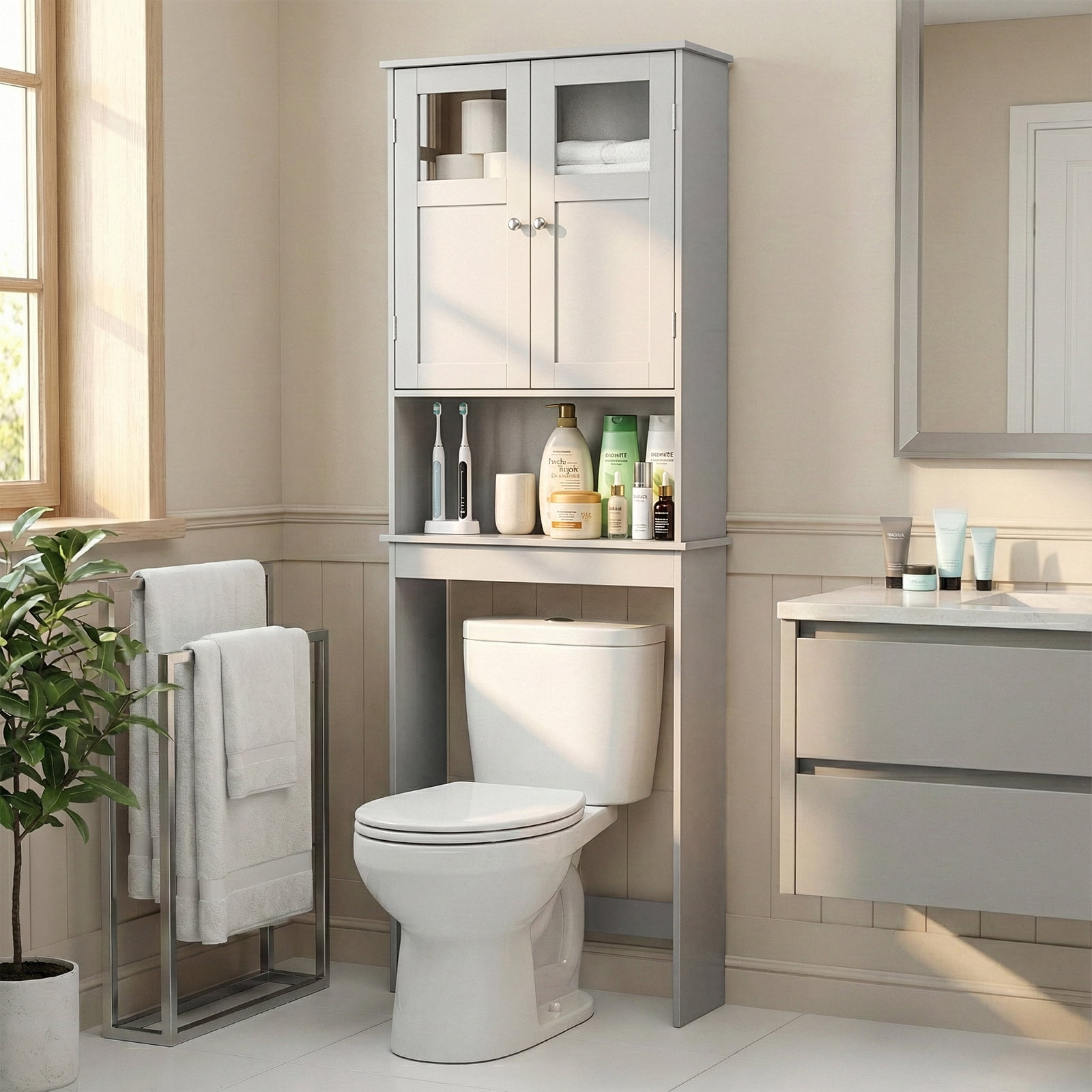 Ktaxon Over the Toilet Bathroom Storage Cabinet  with 2 Doors & 3 Storage Shelves Space Saver, Gray