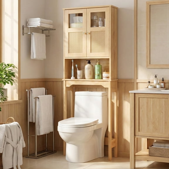 Ktaxon Over the Toilet Bathroom Storage Cabinet  with 2 Doors & 3 Storage Shelves Space Saver, Rattan