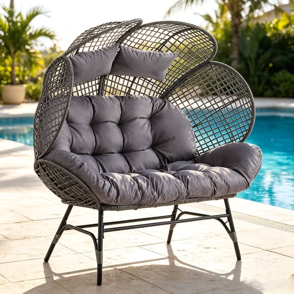 Ktaxon Oversized 2 Person Wicker Rattan Egg Chair Outdoor Patio Lounge with Cushion, Gray