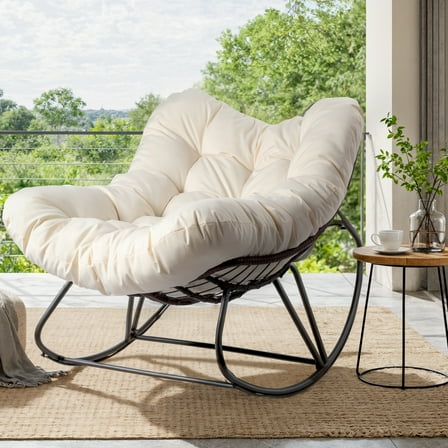 Ktaxon Oversized Rattan Papasan Chair,  Steel Wicker Rocking Seating with Thick Padded Cushion for Patio, Living Room, Backyard, Porch(Brown Wicker & Beige Cushion)