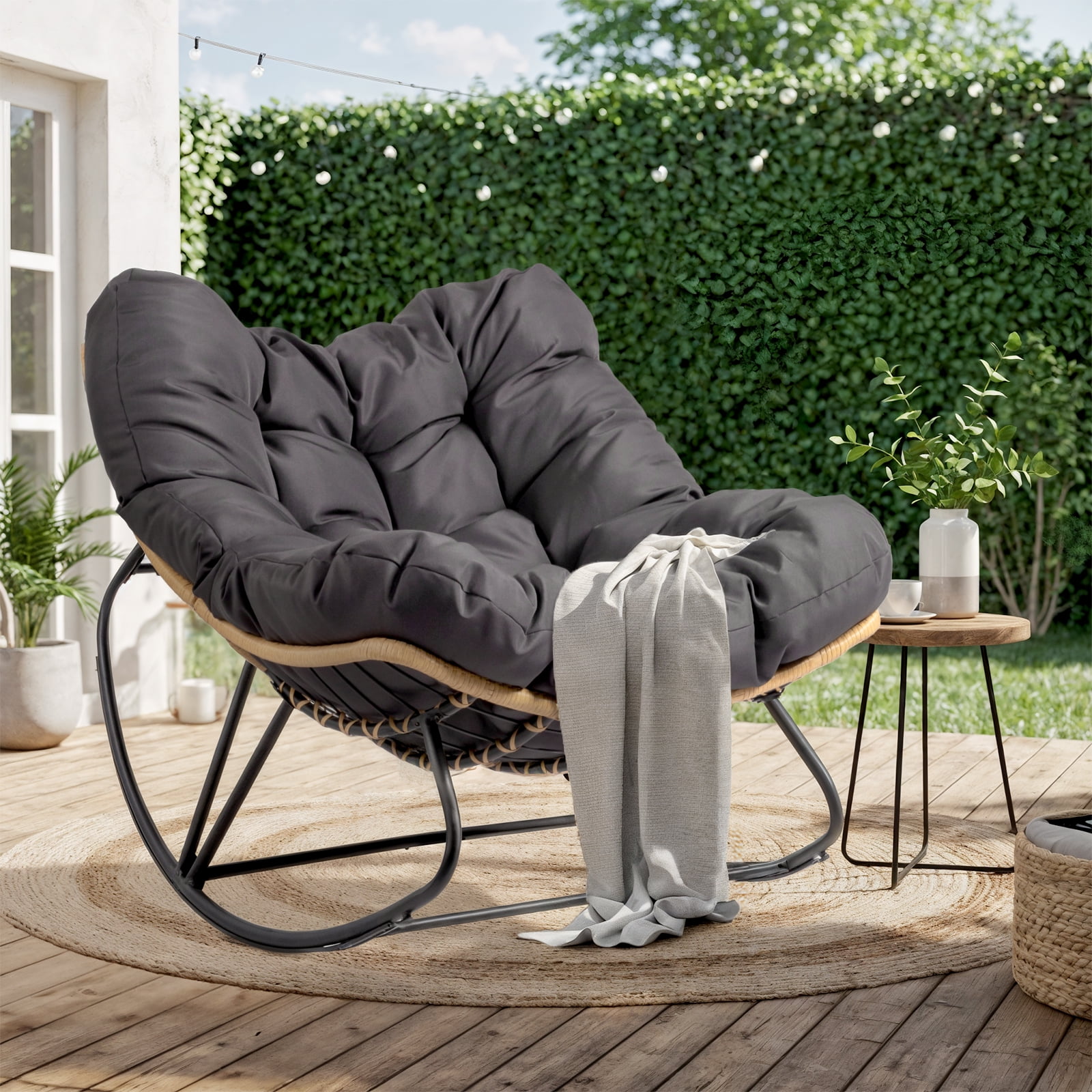 Ktaxon Oversized Rattan Papasan Chair, Steel Wicker Rocking Seating with Thick Padded Cushion for Patio, Living Room, Backyard, Porch(Yellow Wicker & Gray Cushion)
