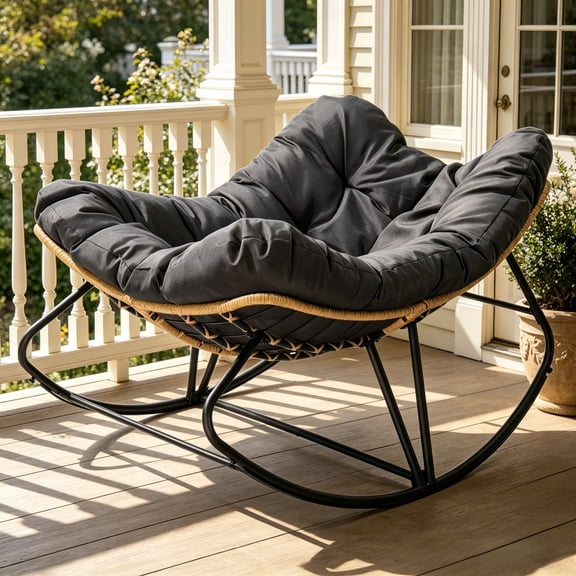 Ktaxon Oversized Rattan Papasan Chair, Steel Wicker Rocking Seating with Thick Padded Cushion for Patio, Living Room, Backyard, Porch(Yellow Wicker & Gray Cushion)