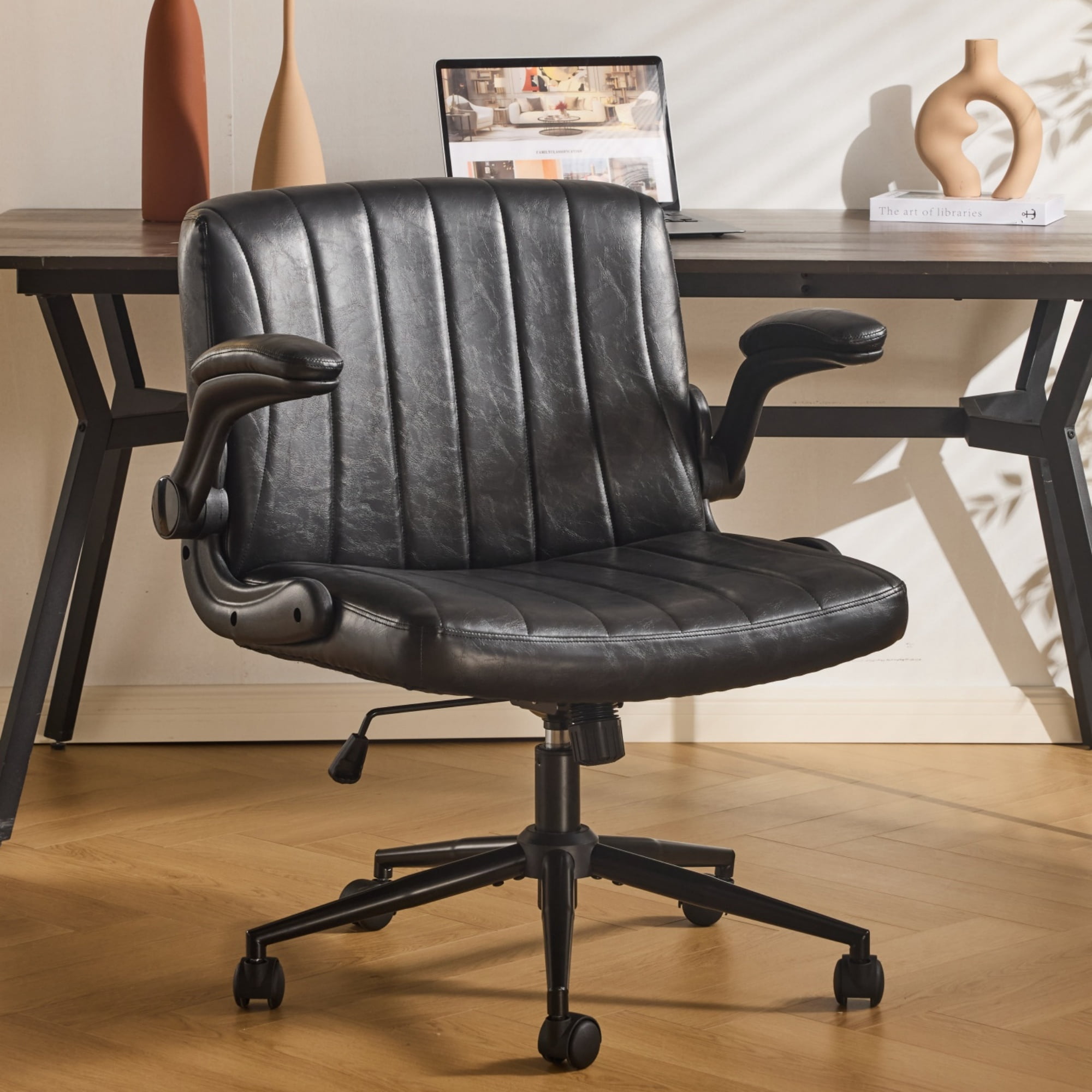 Ktaxon PU Office Desk Chair , Flip-Top Armrest Task Chair on Metal Star Base, Adjustable Height & Quiet Casters for Study Black