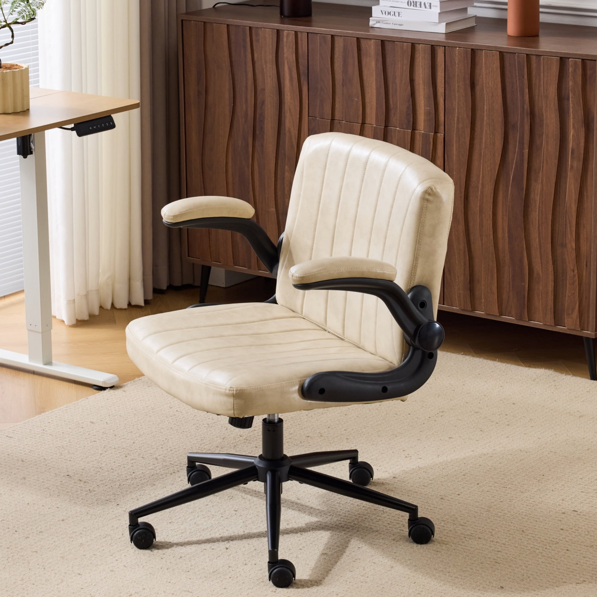 Ktaxon PU Office Desk Chair , Flip-Top Armrest Task Chair on Metal Star Base, Adjustable Height & Quiet Casters for Study Ivory