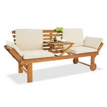 Ktaxon Patio Bench and Sunbed, Acacia Wood Bench with Liftable Coffee Table for Garden, Yard, Balcony, Outdoor Wooden Bench Sturdy Frame