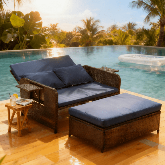 Ktaxon Patio Rattan Daybed Set, 2-in-1 Adjustable Loveseat with Ottoman & Side Tray, Blue
