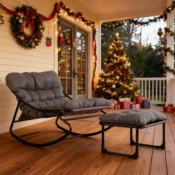 Ktaxon Rocking Chair with Ottoman &Plush Cushion, Metal Rocker Set for Indoor Outdoor, Grey