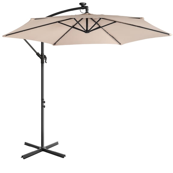 Ktaxon 10FT Patio Umbrella, Offset Cantilever Solar LED Outdoor Patio Table Umbrella, UV Protection, Fade Resistant Fabric, Easy Tilt Adjustment,Cross Base,Khaki